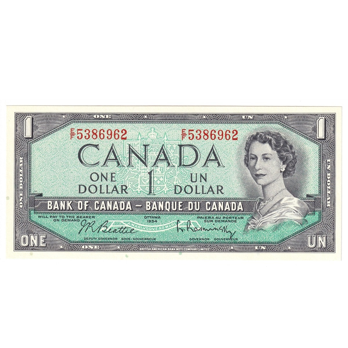 BC-37b-i 1954 Canada $1 Beattie-Rasminsky, E/F, Uncirculated (MS60)