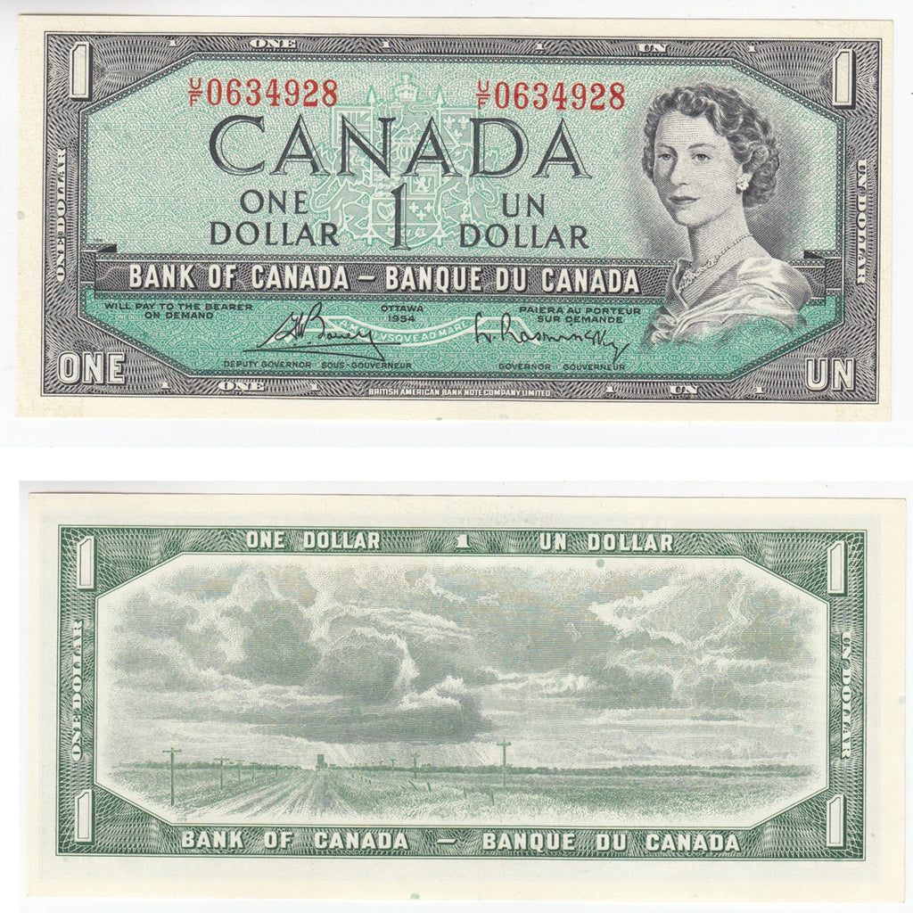 BC-37c 1954 Canada $1 Bouey-Rasminsky, U/F, AU-UNC (AU55)