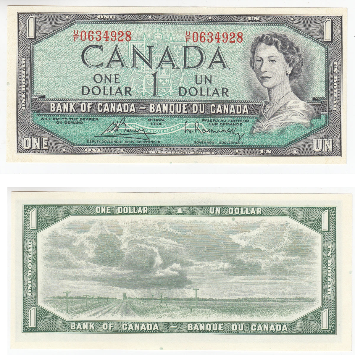 BC-37c 1954 Canada $1 Bouey-Rasminsky, U/F, AU-UNC (AU55)