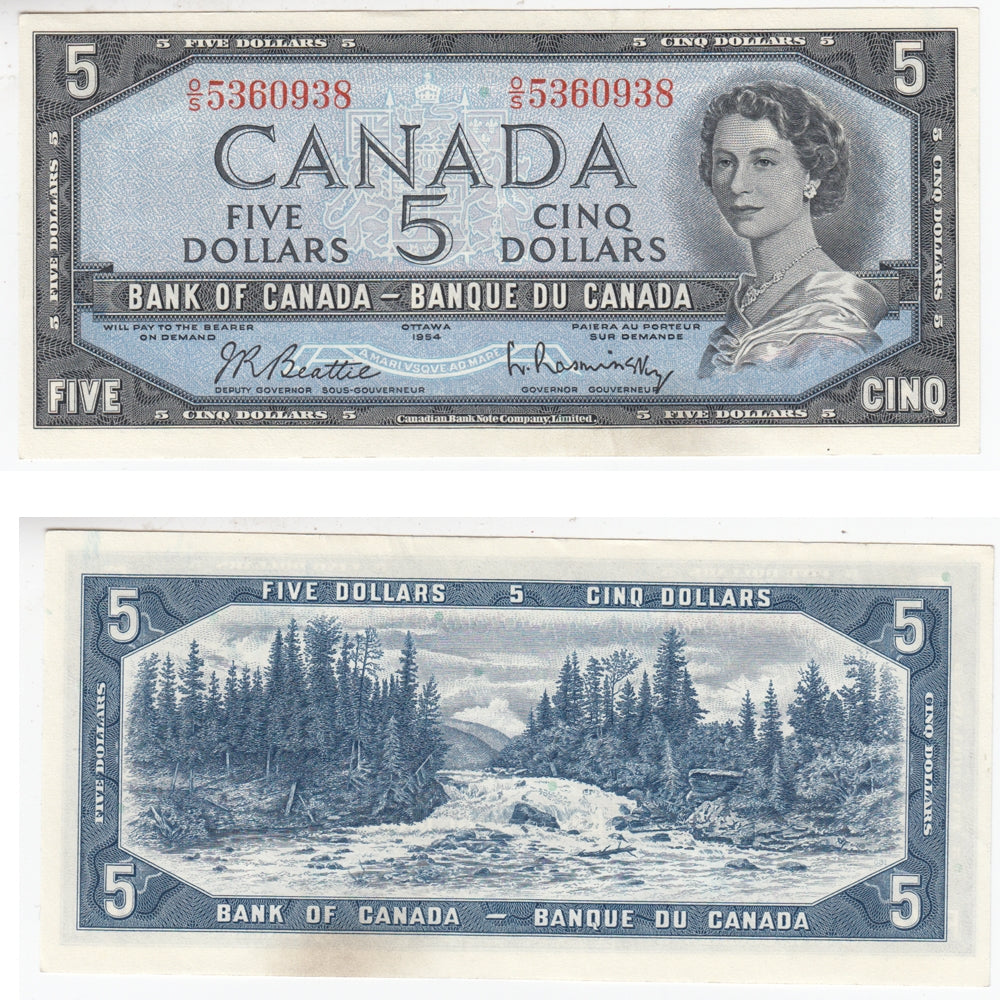 BC-39b 1954 Canada $5 Beattie-Rasminsky, O/S, AU-UNC (AU55)