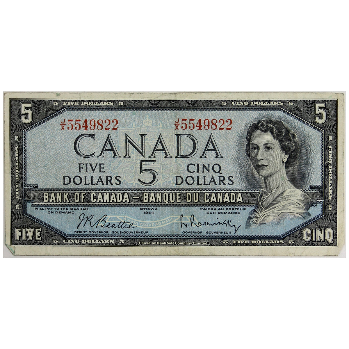 BC-39b 1954 Canada $5 Beattie-Rasminsky, J/X, F-VF (F15)