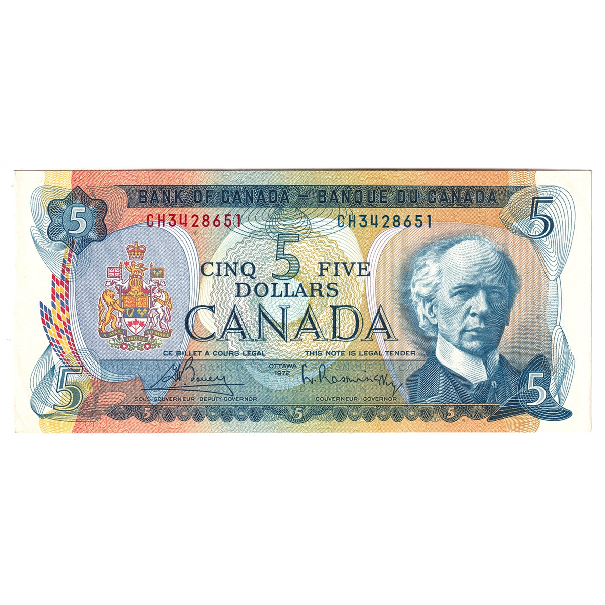 BC-48a 1972 Canada $5 Bouey-Rasminsky, CH, Almost Uncirculated (AU50)
