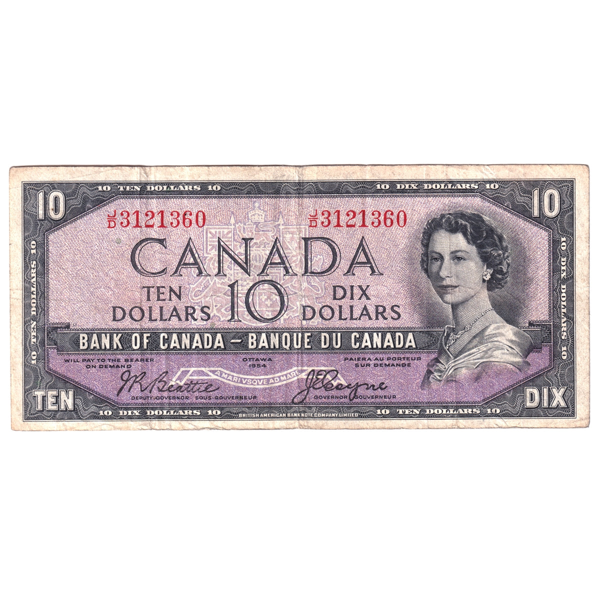 BC-32b 1954 Canada $10 Beattie-Coyne, Devil's Face, J/D, Fine (F12)