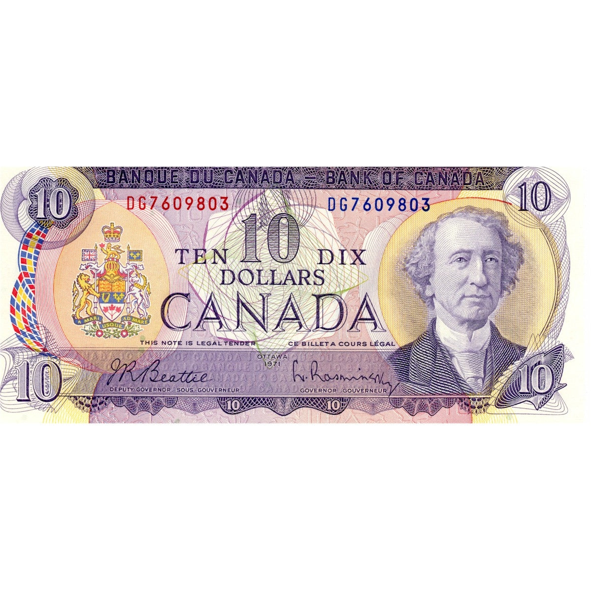 BC-49a 1971 Canada $10 Beattie-Rasminsky, DG, Uncirculated (MS60)