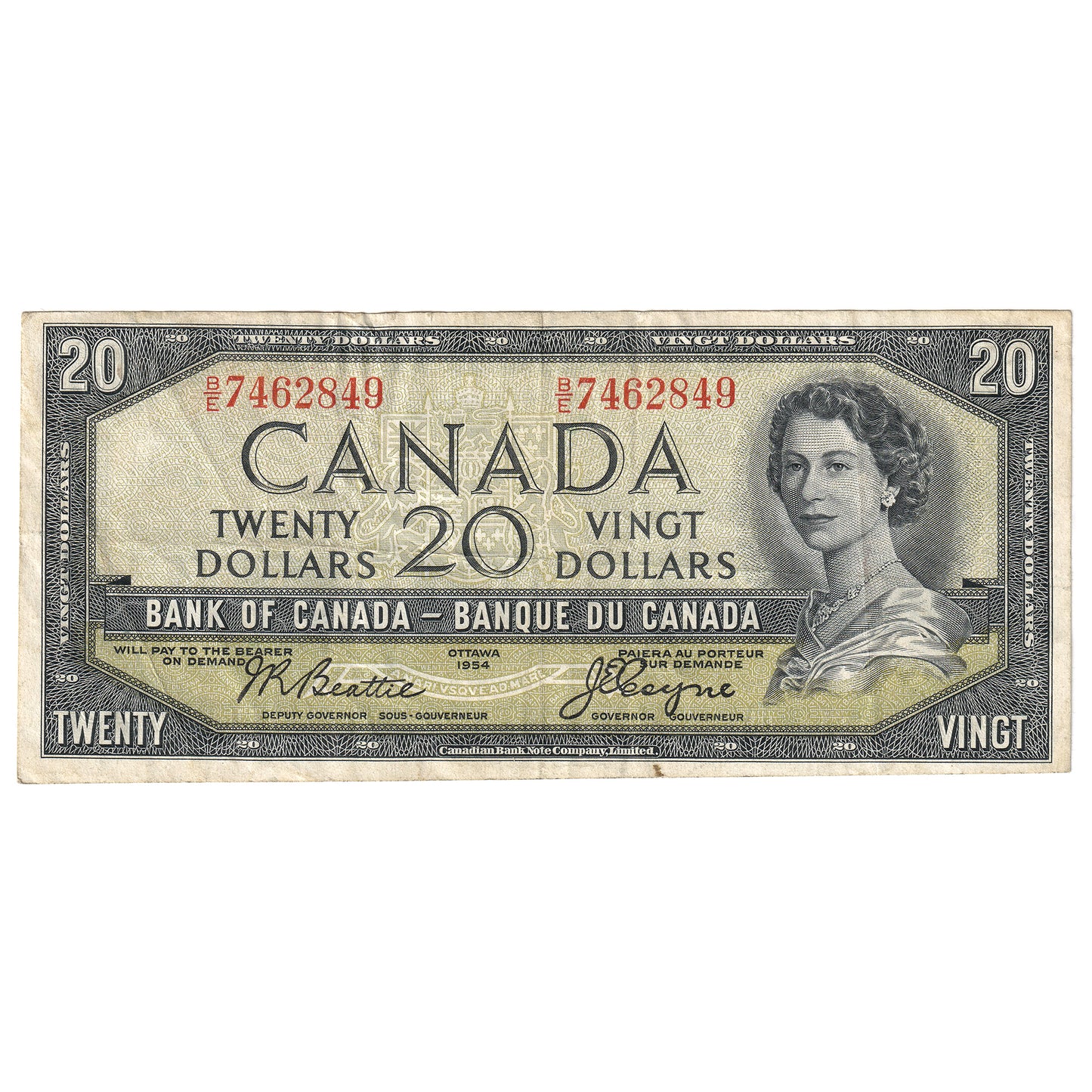 BC-33b 1954 Canada $20 Beattie-Coyne, Devil's Face, B/E, VF-EF (VF30)