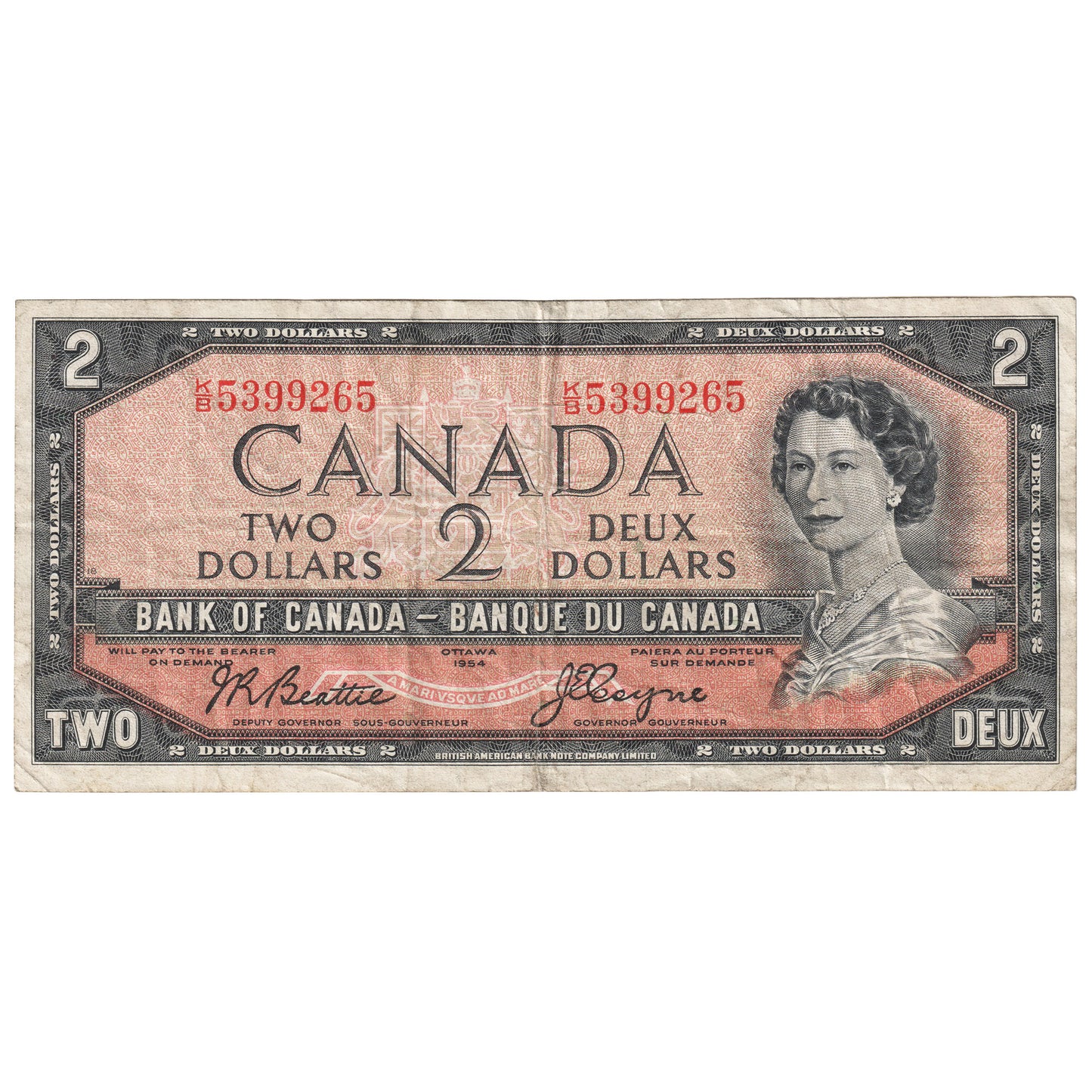 BC-38a 1954 Canada $2 Beattie-Coyne, K/B, F-VF