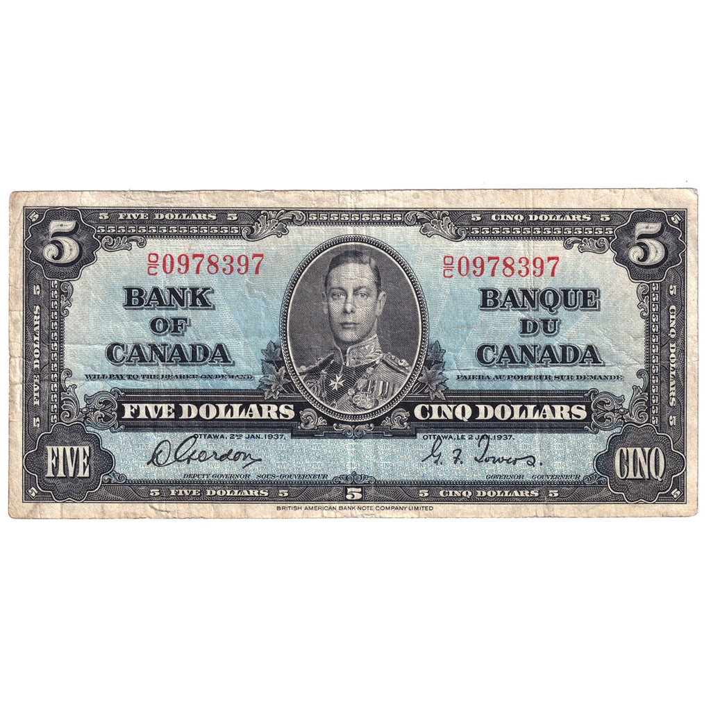 BC-23b 1937 Canada $5 Gordon-Towers, O/C, Fine (F12)
