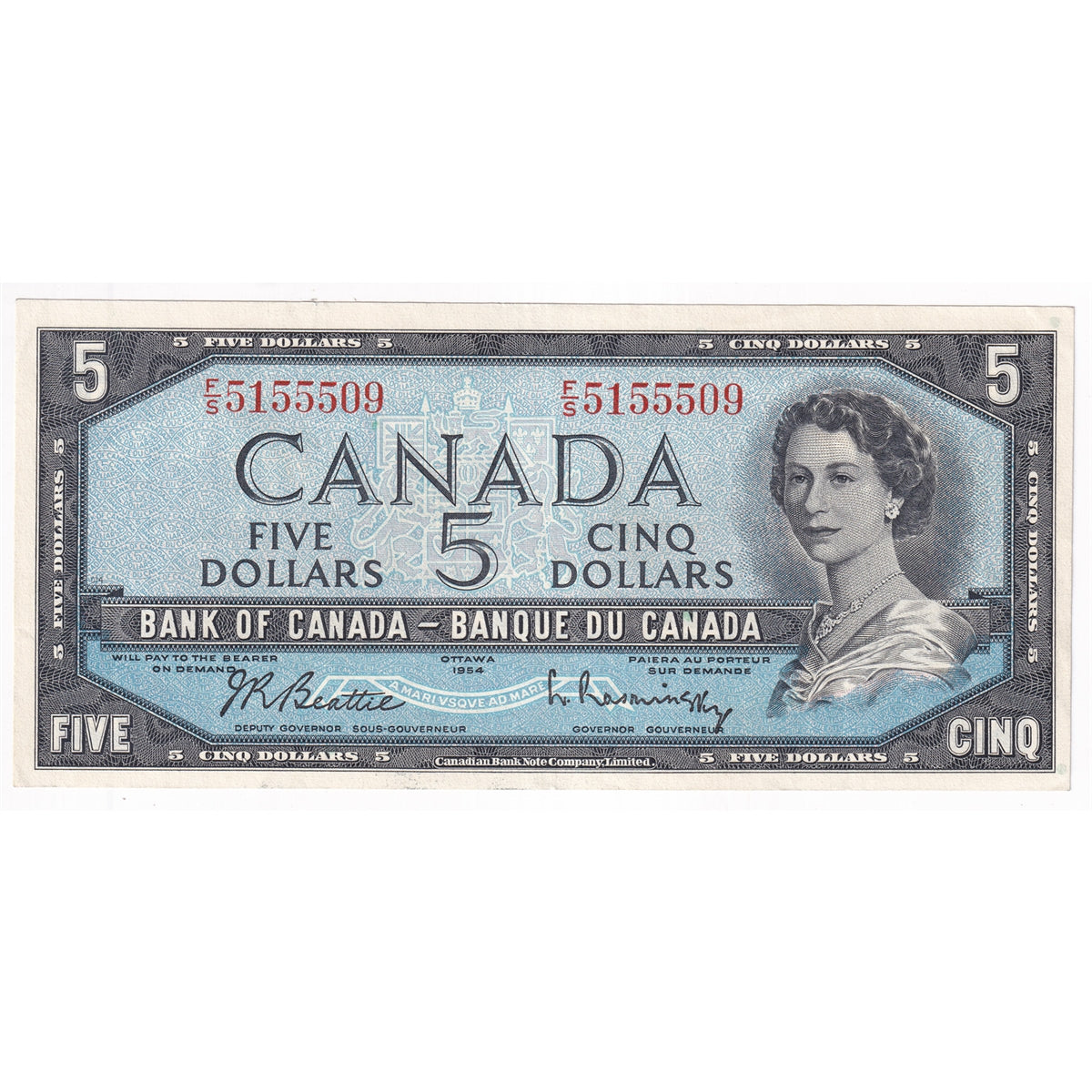 BC-39b 1954 Canada $5 Beattie-Rasminsky, F/S, VF-EF (VF30)