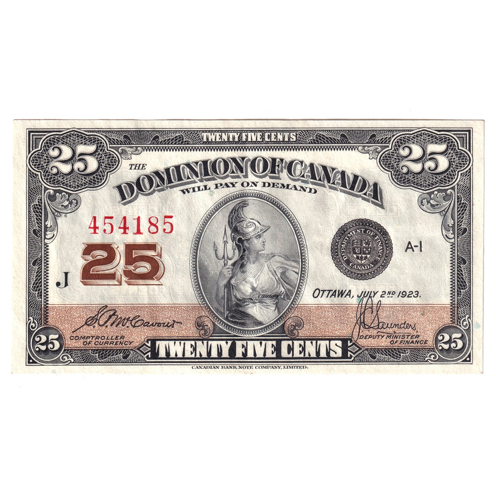 DC-24c 1923 Dominion 25-cent Shinplaster, McCavour-Saunders, Almost Uncirculated (AU50)