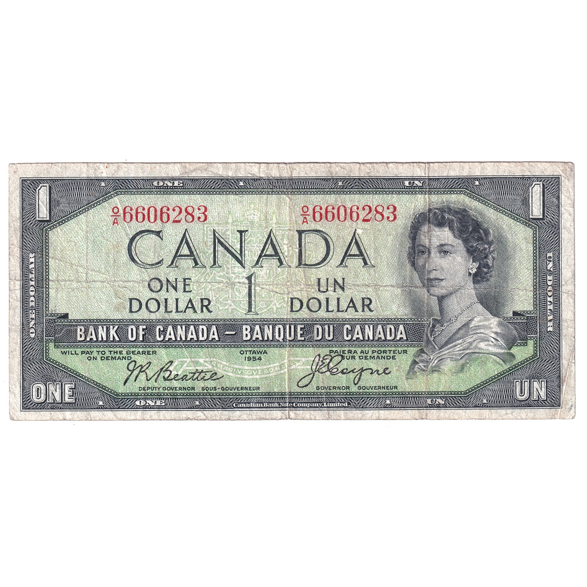 BC-29b 1954 Canada $1 Beattie-Coyne, Devil's Face, O/A, VG-F (VG10)