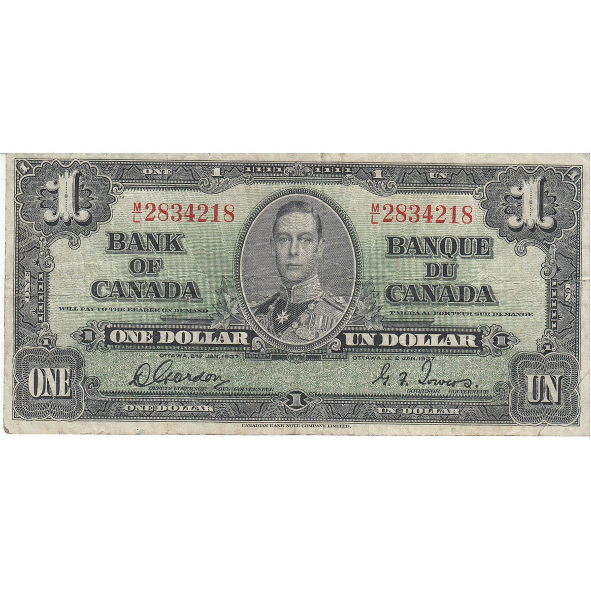 BC-21c 1937 Canada $1 Gordon-Towers, M/L, F-VF
