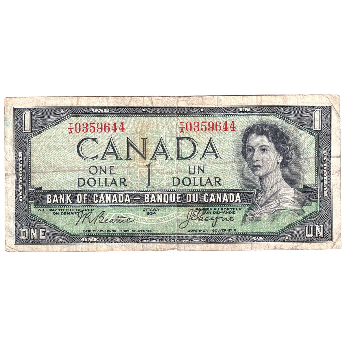 BC-29b 1954 Canada $1 Beattie-Coyne, Devil's Face, T/A, Fine (F12)