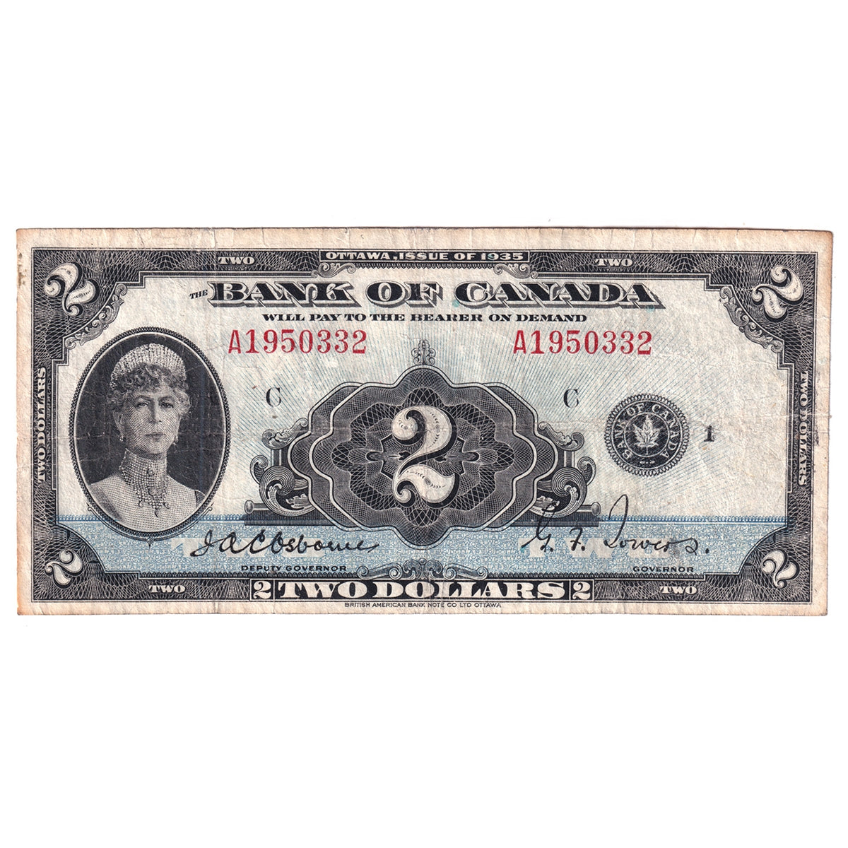 BC-3 1935 Canada $2 Osborne-Towers, English, Series A, F-VF (F15)