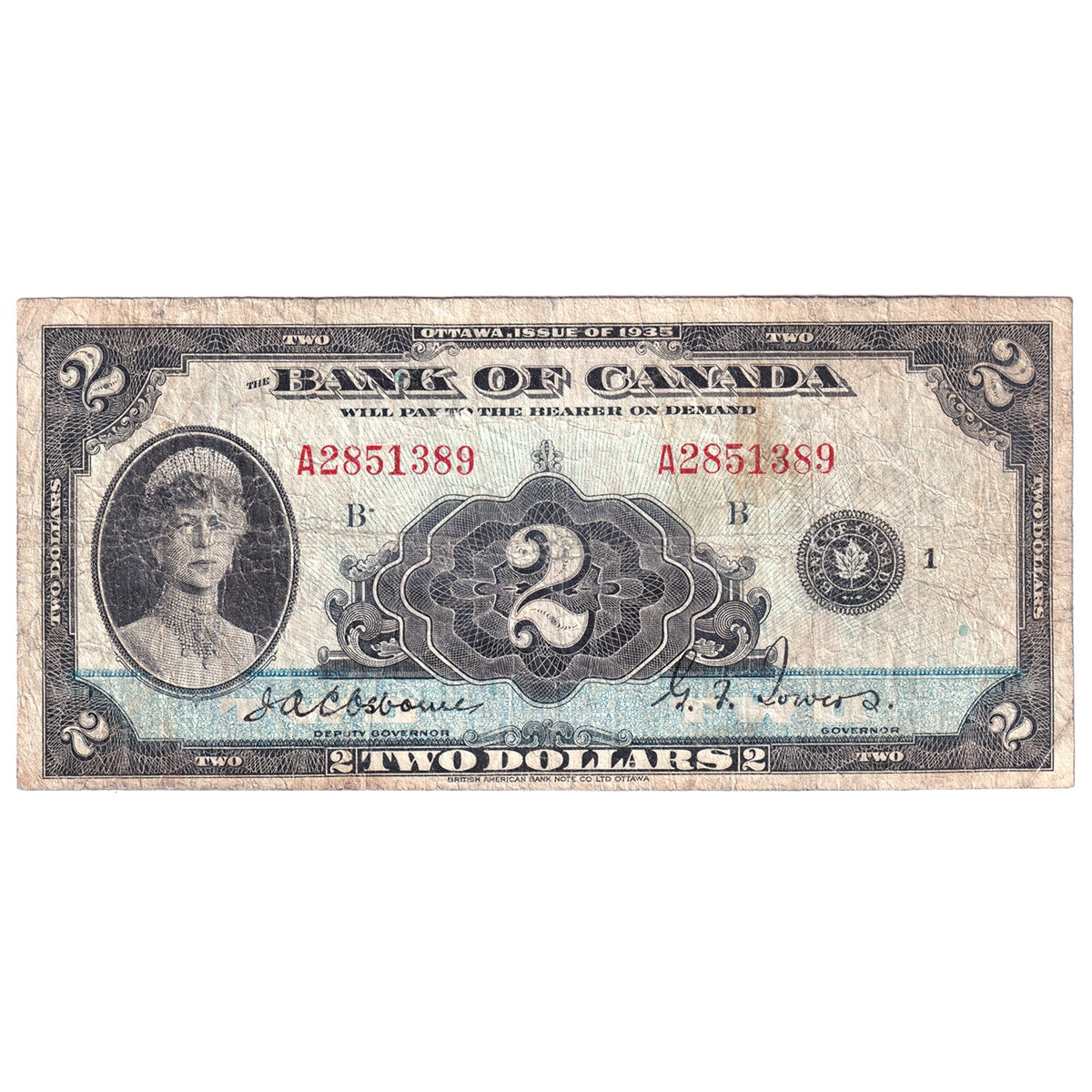BC-3 1935 Canada $2 Osborne-Towers, English, VG