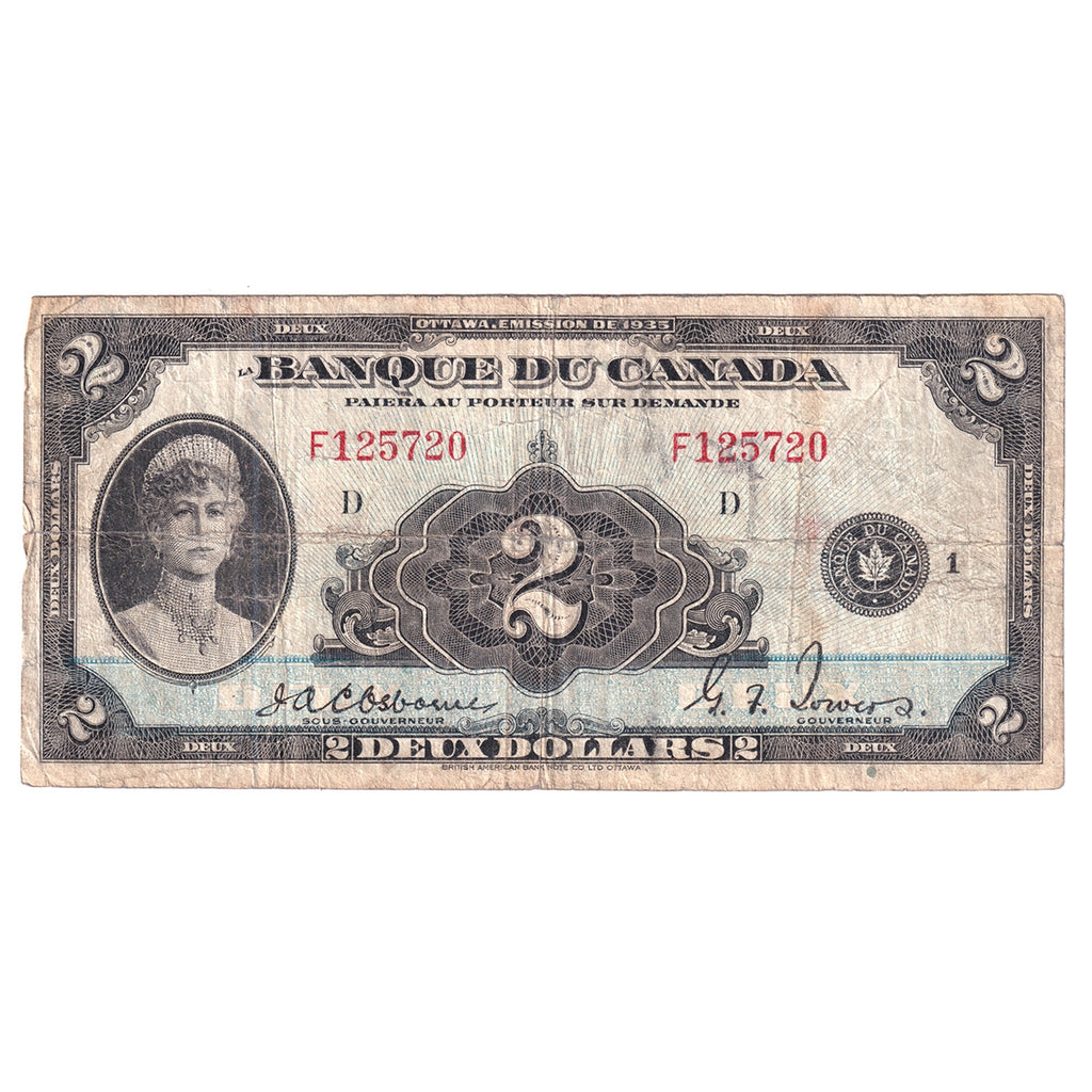 BC-4 1935 Canada $2 Osborne-Towers, French, Fine (F12)