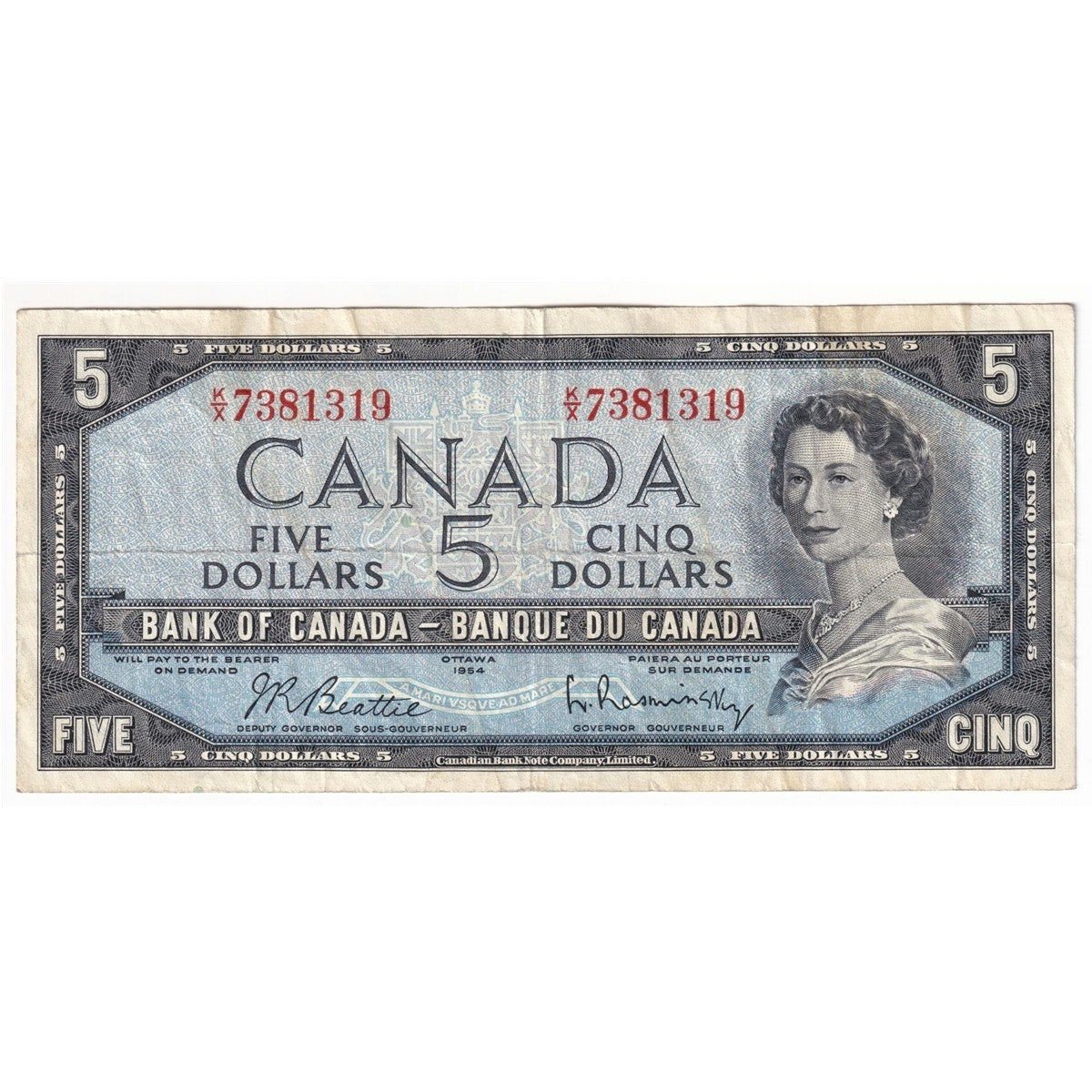 BC-39b 1954 Canada $5 Beattie-Rasminsky, K/X, F-VF (F15)