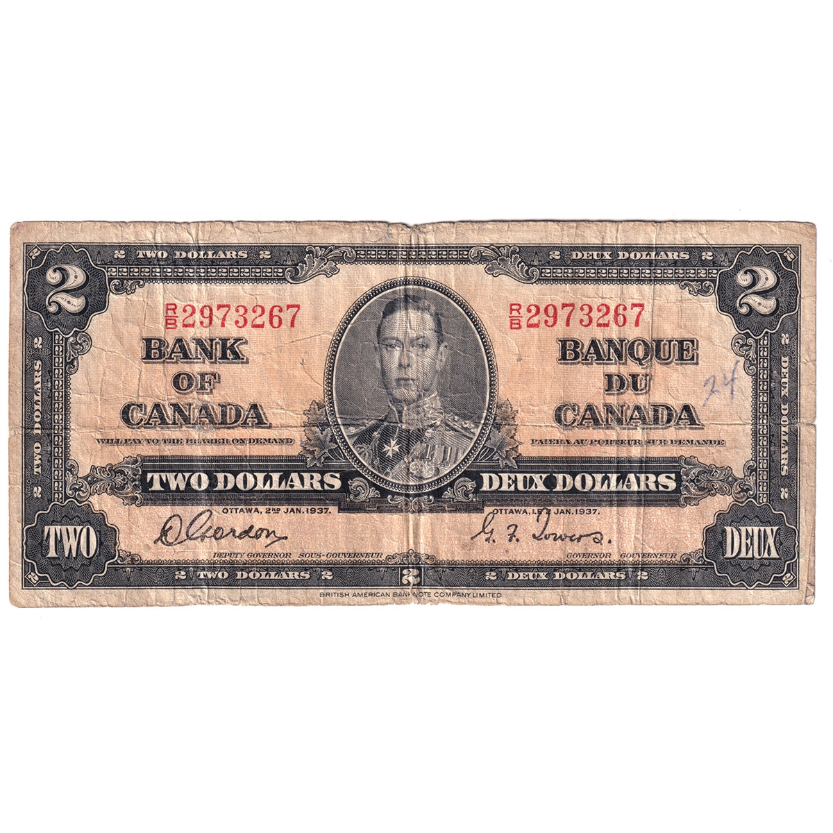 BC-22b 1937 Canada $2 Gordon-Towers, R/B, CIRC