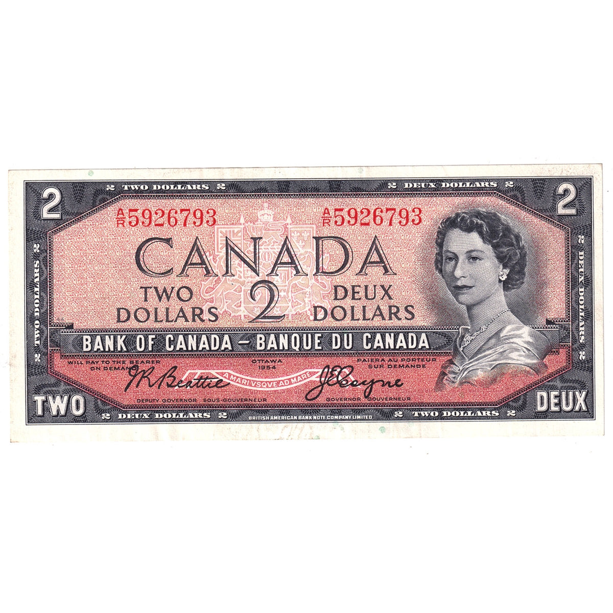 BC-38a 1954 Canada $2 Beattie-Coyne, A/R, Extra Fine (EF40)