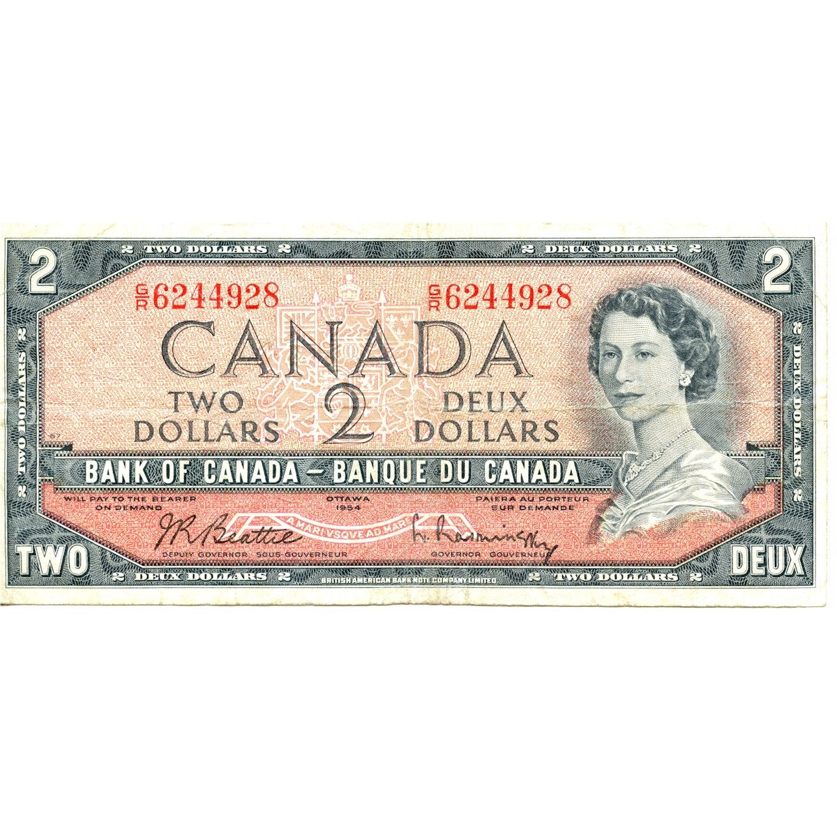 BC-38b 1954 Canada $2 Beattie-Rasminsky, G/R, Fine (F12)