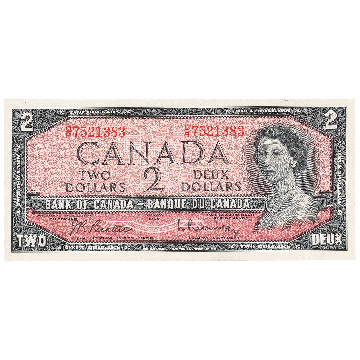 BC-38b 1954 Canada $2 Beattie-Rasminsky, O/R, Almost Uncirculated (AU50)