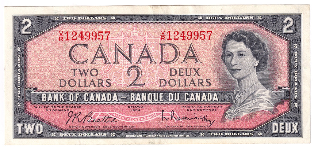 BC-38b 1954 Canada $2 Beattie-Rasminsky, V/R, EF-AU (EF45)