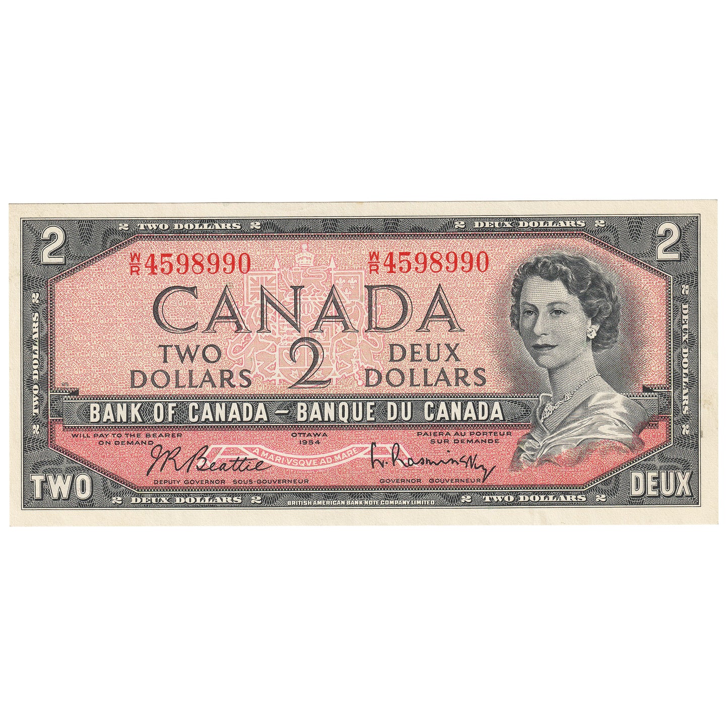 BC-38b 1954 Canada $2 Beattie-Rasminsky, W/R, Extra Fine (EF40)