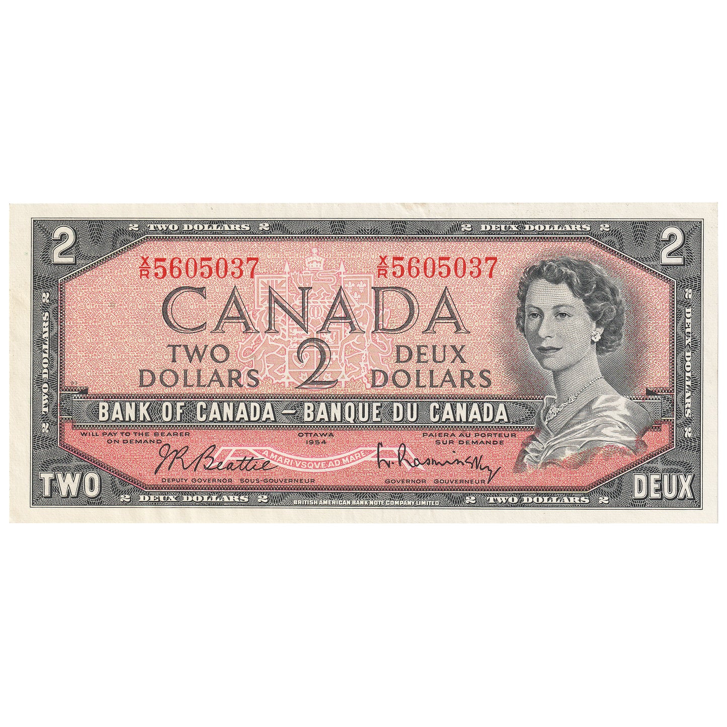 BC-38b 1954 Canada $2 Beattie-Rasminsky, X/R, AU-UNC (AU55)