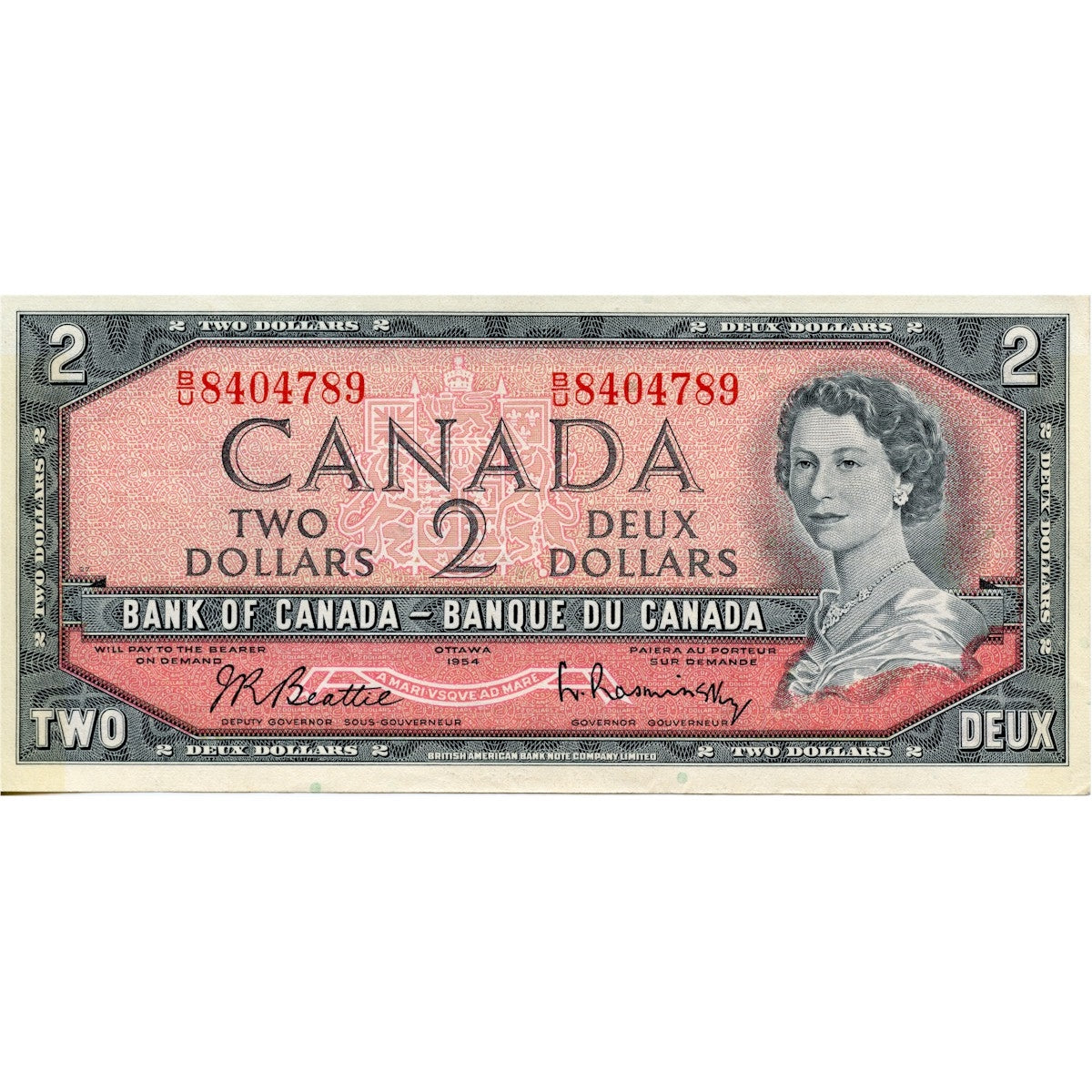 BC-38b 1954 Canada $2 Beattie-Rasminsky, B/U, Almost Uncirculated (AU50)