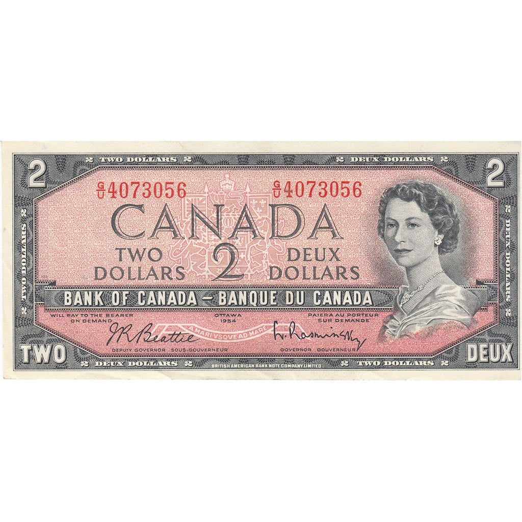 BC-38b 1954 Canada $2 Beattie-Rasminsky, G/U, Almost Uncirculated (AU50)