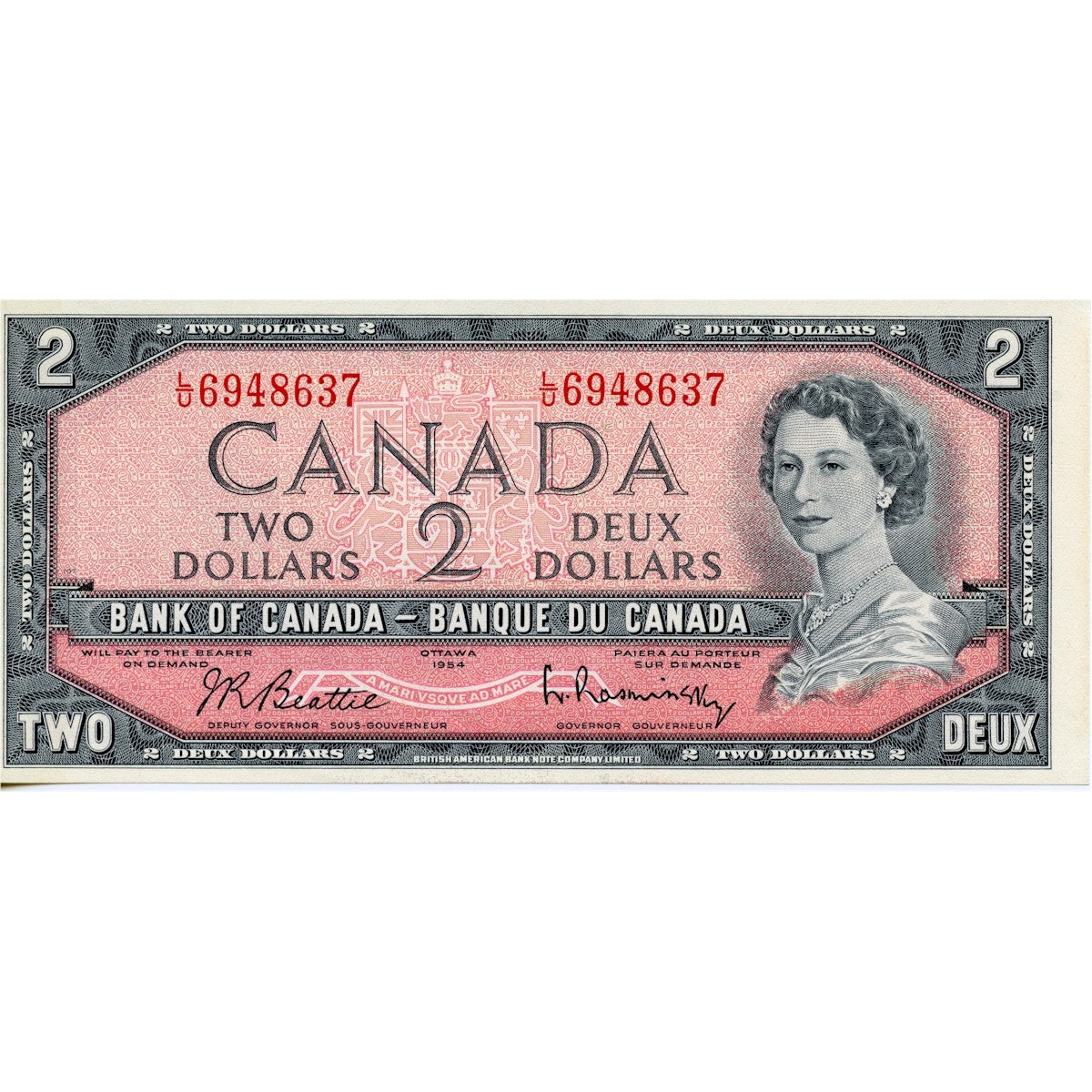 BC-38b 1954 Canada $2 Beattie-Rasminsky, L/U, Almost Uncirculated (AU50)