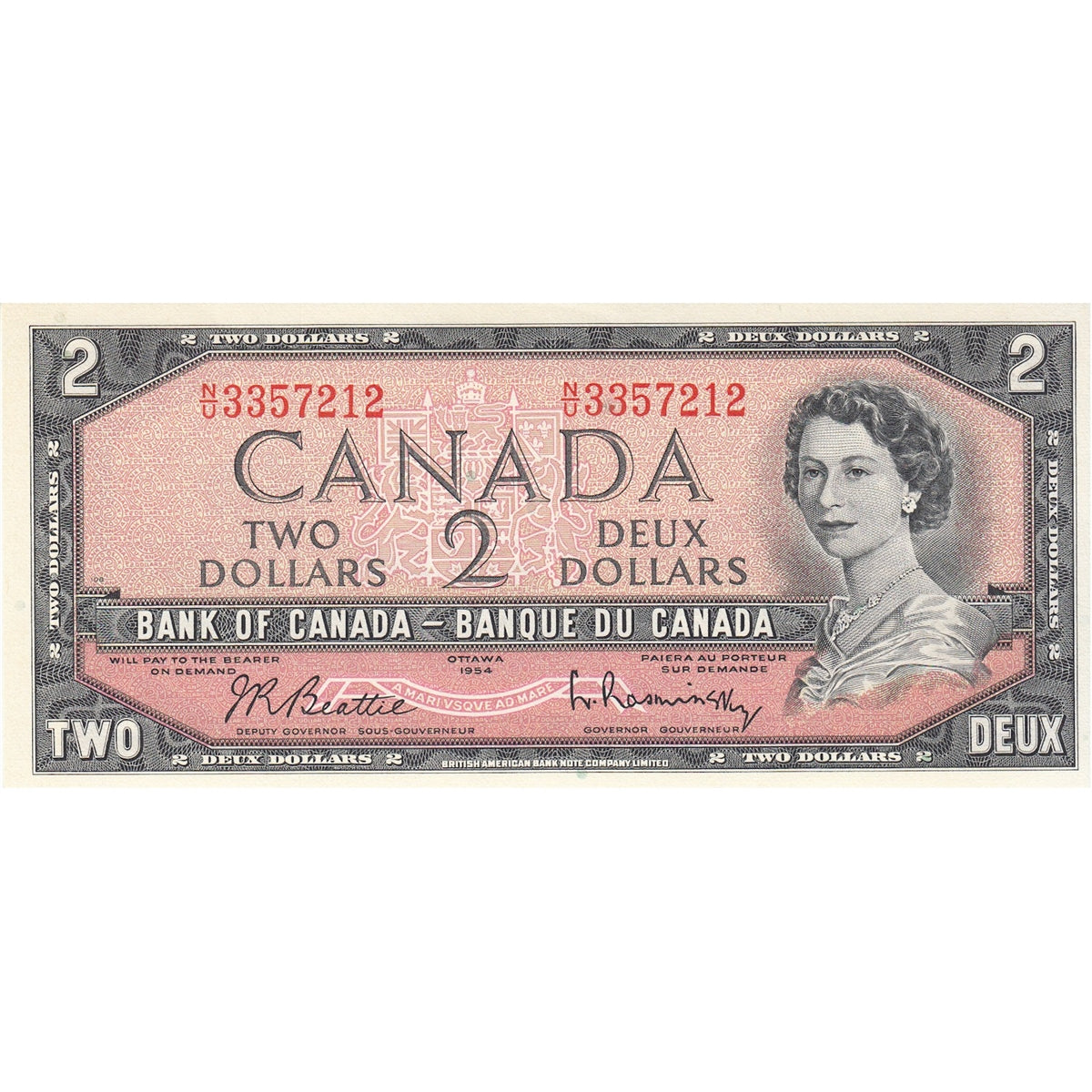 BC-38b 1954 Canada $2 Beattie-Rasminsky, N/U, AU-UNC (AU55)