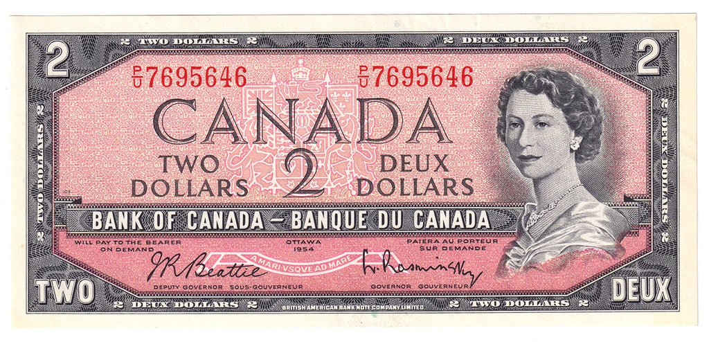 BC-38b 1954 Canada $2 Beattie-Rasminsky, P/U, Almost Uncirculated (AU50)
