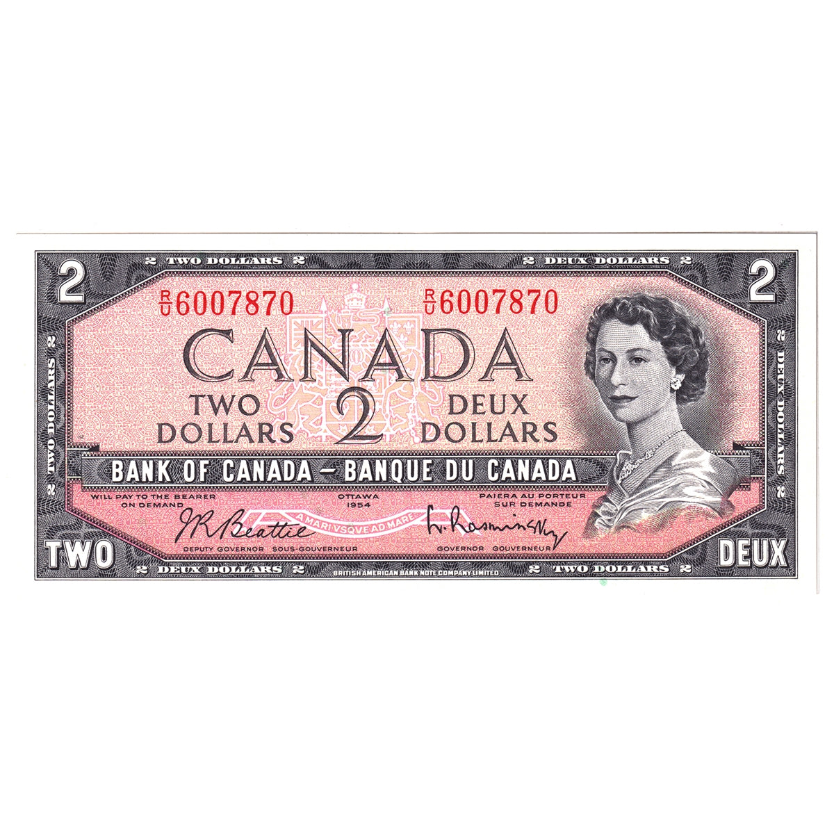 BC-38b 1954 Canada $2 Beattie-Rasminsky, R/U, EF-AU (EF45)