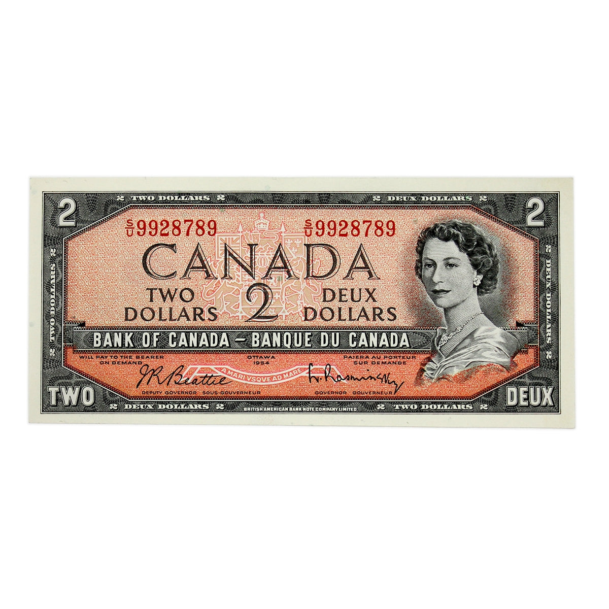 BC-38b 1954 Canada $2 Beattie-Rasminsky, S/U, Almost Uncirculated (AU50)
