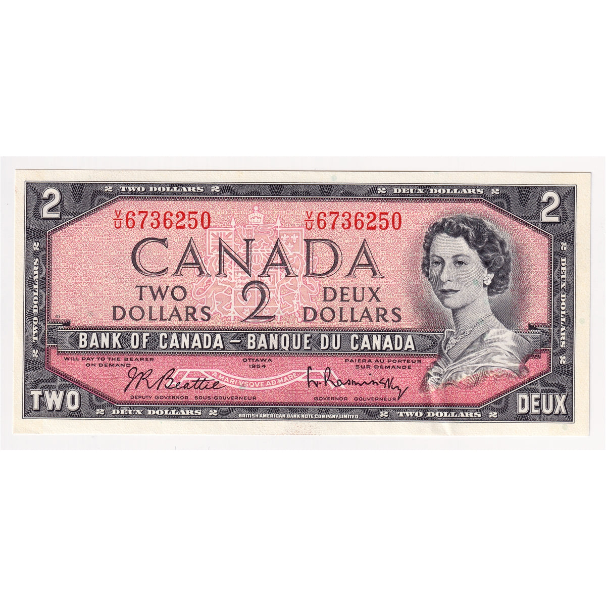 BC-38b 1954 Canada $2 Beattie-Rasminsky, V/U, AU-UNC (AU55)
