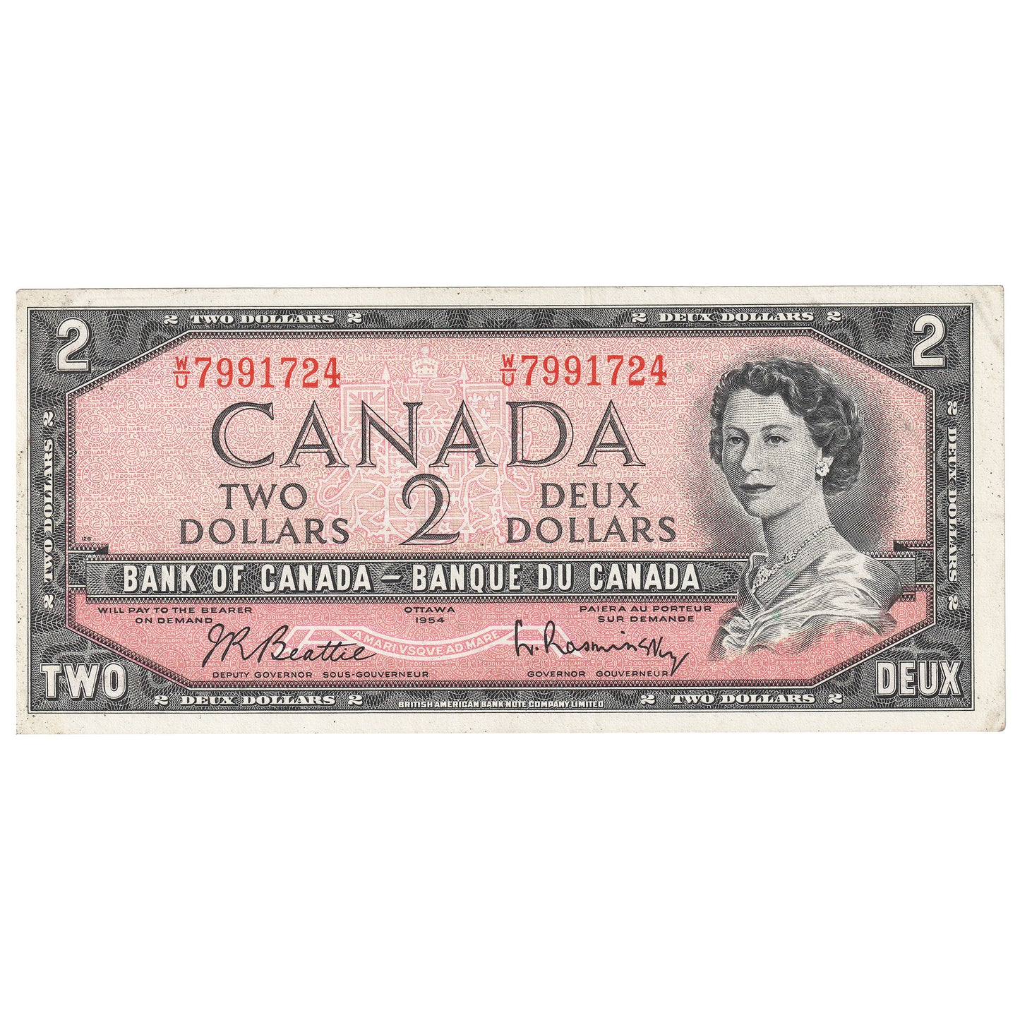 BC-38b 1954 Canada $2 Beattie-Rasminsky, W/U, Extra Fine (EF40)