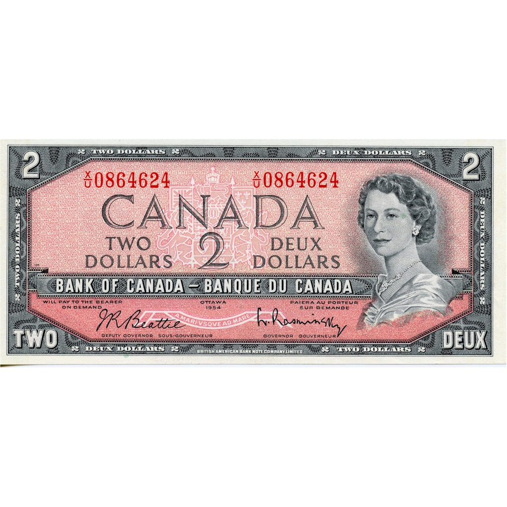 BC-38b 1954 Canada $2 Beattie-Rasminsky, X/U, Almost Uncirculated (AU50)