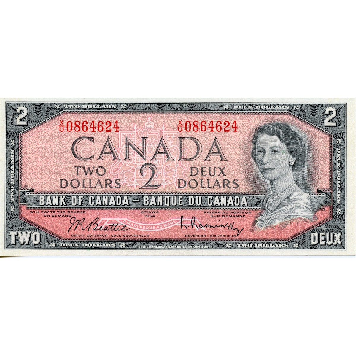 BC-38b 1954 Canada $2 Beattie-Rasminsky, X/U, Almost Uncirculated (AU50)