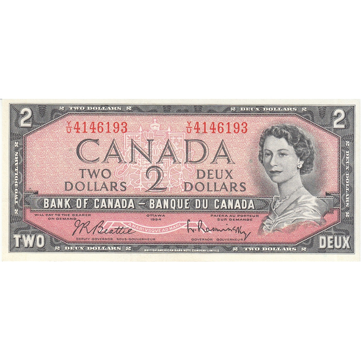 BC-38b 1954 Canada $2 Beattie-Rasminsky, Y/U, Almost Uncirculated (AU50)