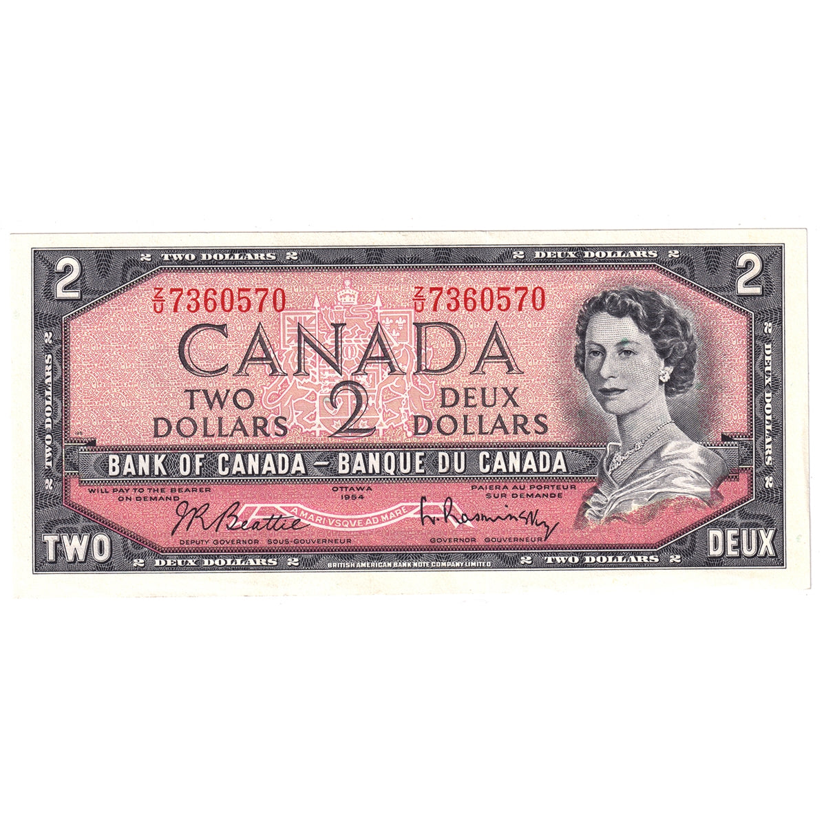 BC-38b 1954 Canada $2 Beattie-Rasminsky, Z/U, AU-UNC (AU55)