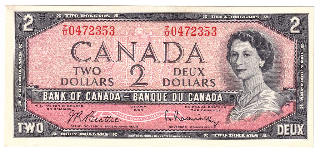 BC-38b 1954 Canada $2 Beattie-Rasminsky, Z/U, Almost Uncirculated (AU50)