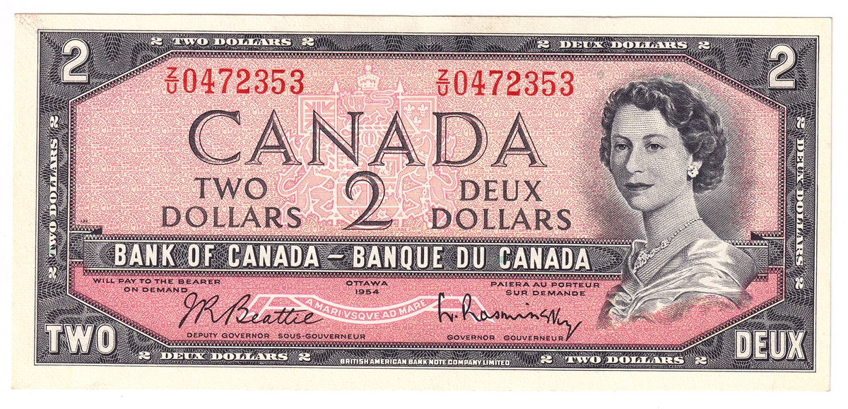 BC-38b 1954 Canada $2 Beattie-Rasminsky, Z/U, Almost Uncirculated (AU50)