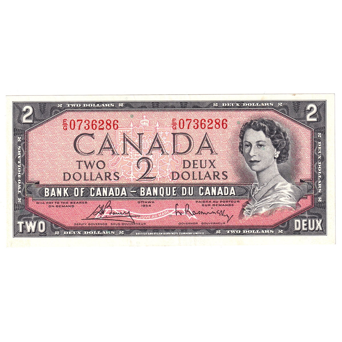 BC-38c 1954 Canada $2 Bouey-Rasminsky, E/G, Almost Uncirculated (AU50)
