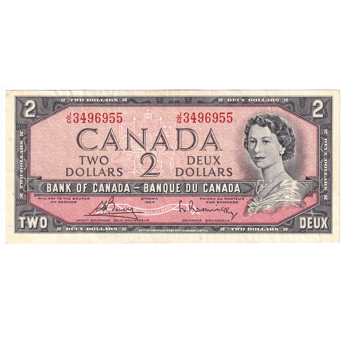 BC-38c 1954 Canada $2 Bouey-Rasminsky, J/G, Extra Fine (EF40)