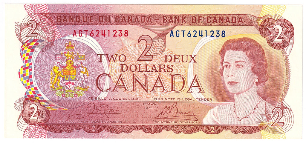 BC-47b 1974 Canada $2 Crow-Bouey, AGT, Almost Uncirculated (AU50)
