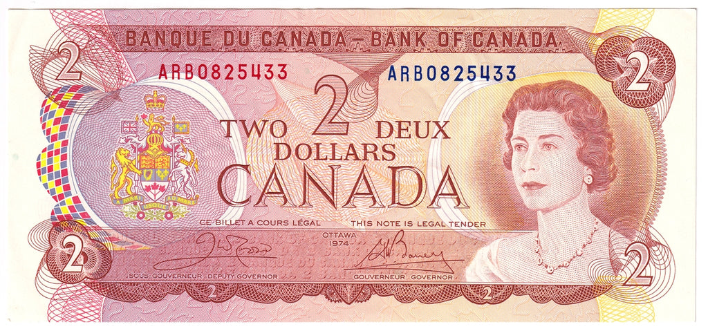 BC-47b 1974 Canada $2 Crow-Bouey, ARB, Almost Uncirculated (AU50)