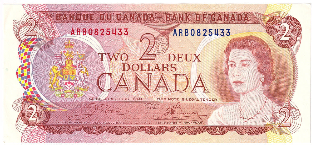 BC-47b 1974 Canada $2 Crow-Bouey, ARB, Almost Uncirculated (AU50)