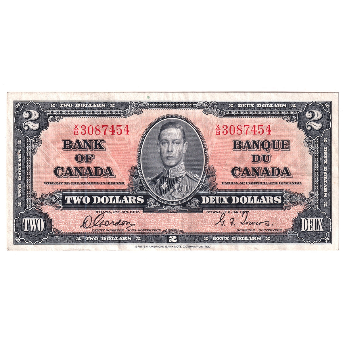 BC-22b 1937 Canada $2 Gordon-Towers, X/B, Extra Fine (EF40)