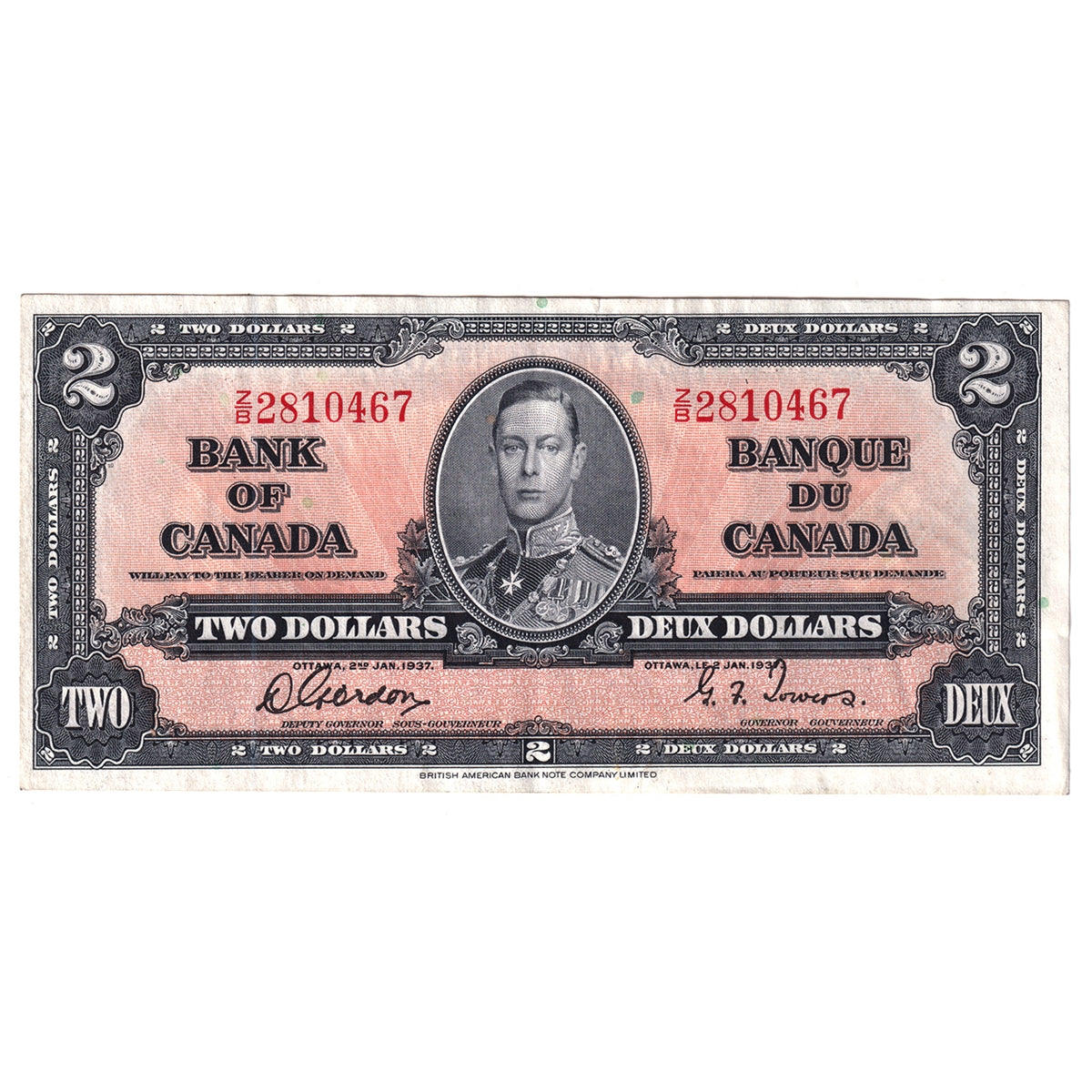 BC-22b 1937 Canada $2 Gordon-Towers, Z/B, EF-AU (EF45)
