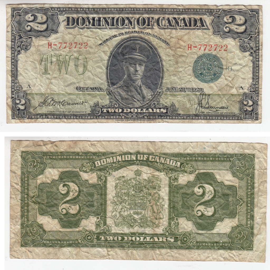 DC-26d 1923 Dominion $2 McCavour-Saunders, Green Seal, Group 1, Series H, Very Fine (VF20)